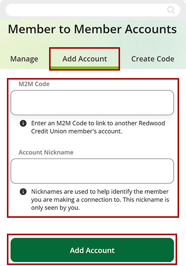 Screenshot of RCU's digital banking app clicking on M2M Code