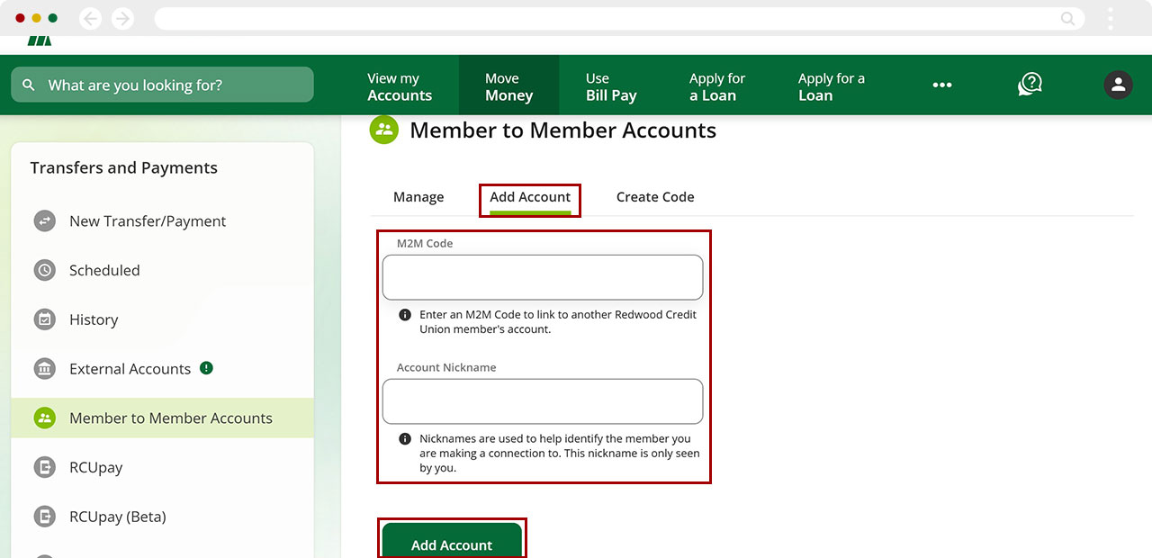Screenshot of RCU's digital banking dashboard clicking on M2M Code