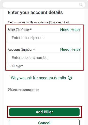 Bill Center: How to add a new biller mobile step 5