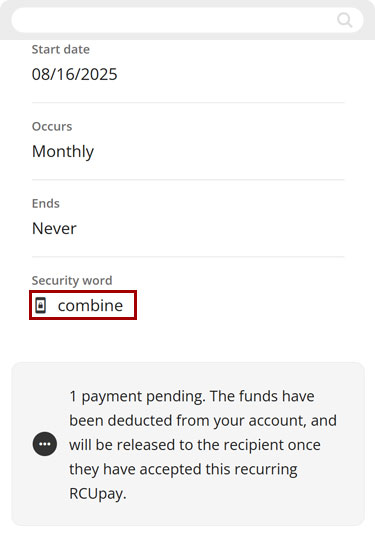 Find your RCUpay security word in mobile, step 3