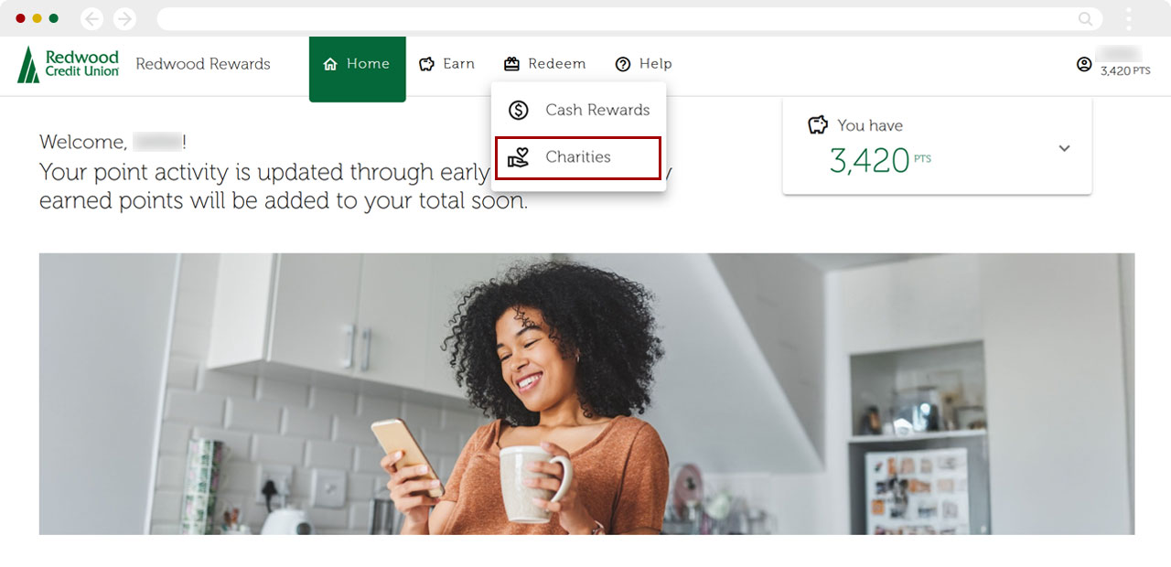 Redwood Rewards redeem cashback desktop step 1