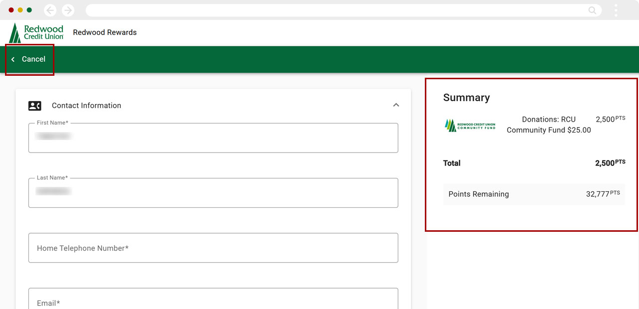Redwood Rewards redeem cashback desktop step 4