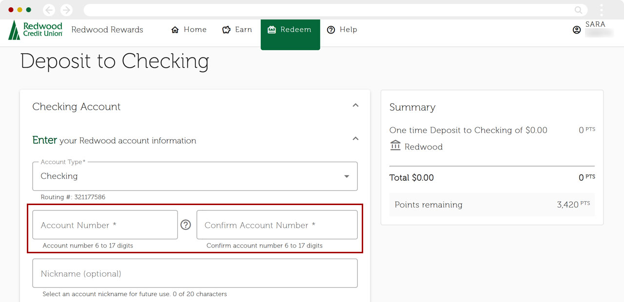 Redwood Rewards redeem cashback desktop step 3