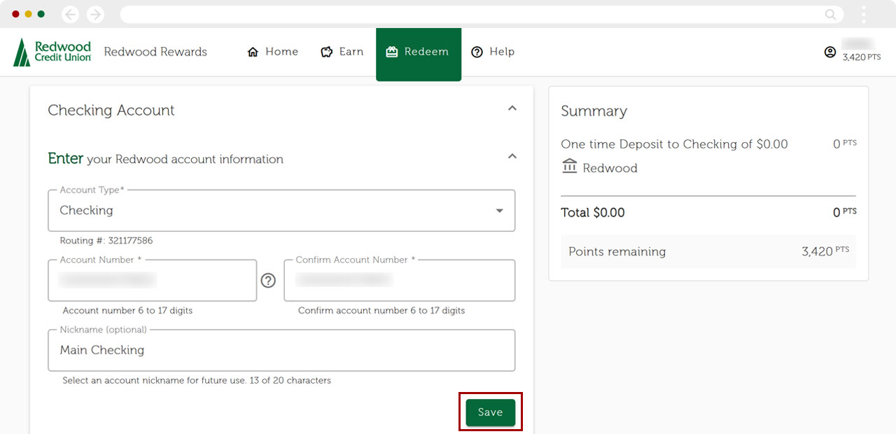 Redwood Rewards redeem cashback desktop step 3
