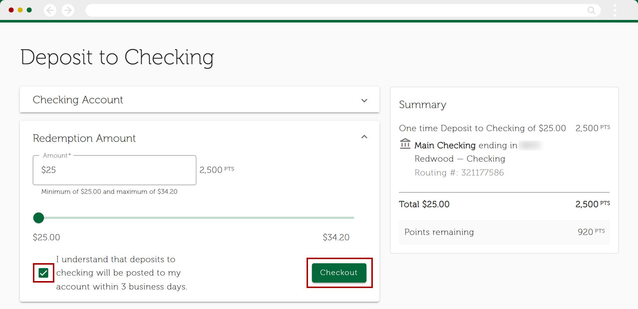 Redwood Rewards redeem cashback desktop step 7