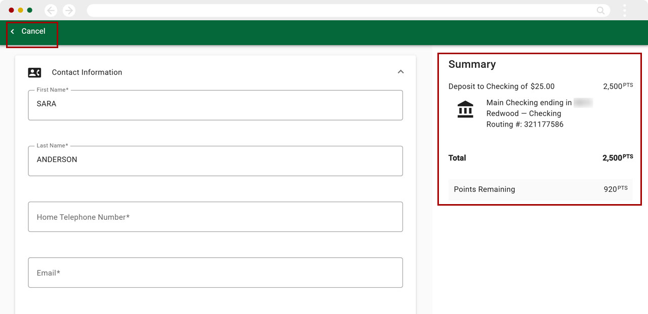 Redwood Rewards redeem cashback desktop step 8