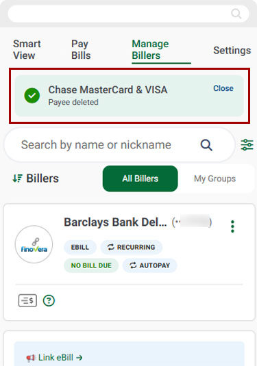 Bill Center: How to Delete a Biller mobile step 5