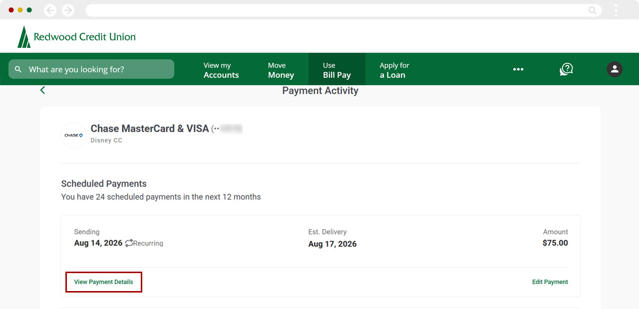 Deleting a recurring payment on desktop, step 3