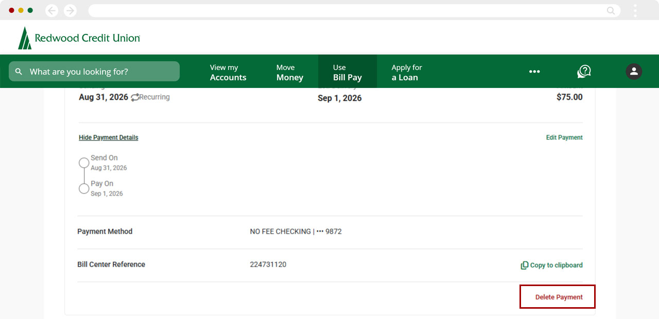 Deleting a recurring payment on desktop, step 4
