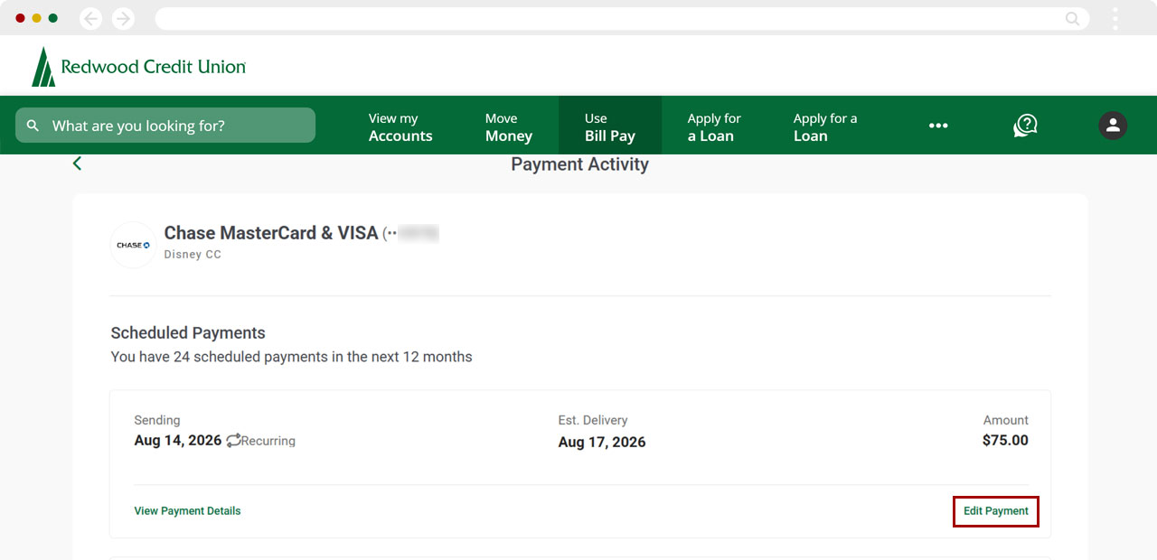 Edit recurring payment on desktop, step 4