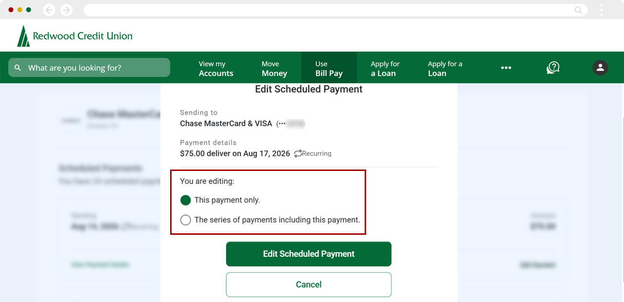 Edit recurring payment on desktop, step 6