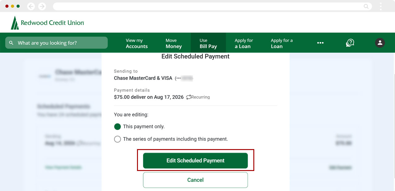 Edit recurring payment on desktop, step 6
