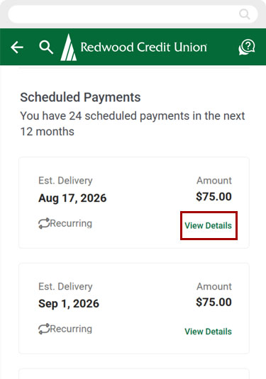 Edit recurring payment in mobile, step 5