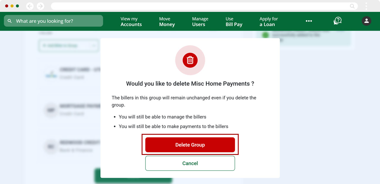Bill Center: How to delete a group desktop step 6
