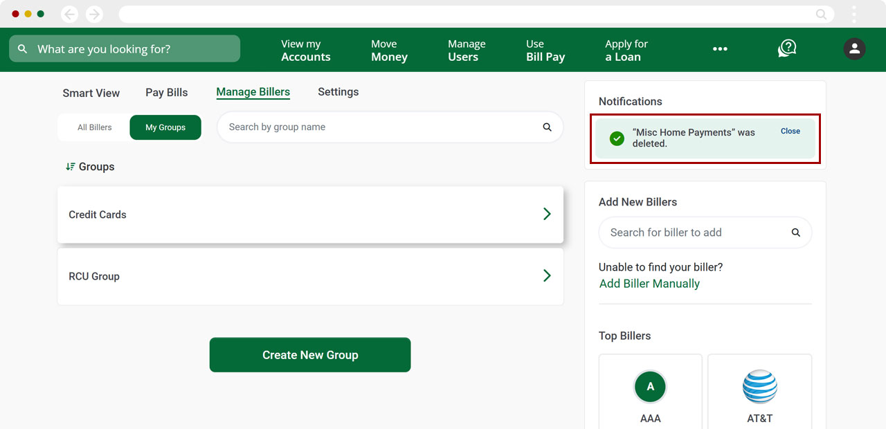Bill Center: How to delete a group desktop step 12