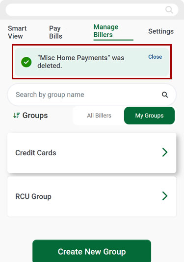 Bill Center: How to delete a group mobile step 13