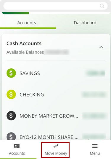 Transfer funds between my RCU accounts mobile step 1