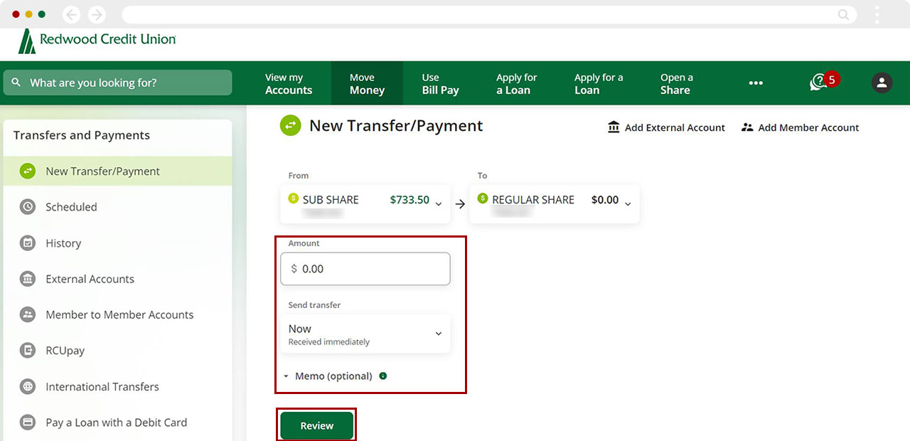 Transfer funds between my RCU accounts desktop step 3