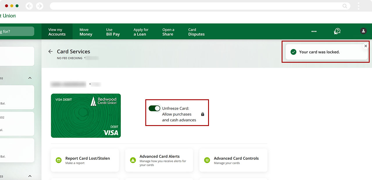 Screenshot of unlock card toggle