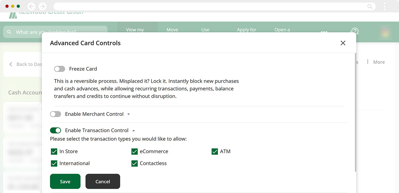 Screenshot of transaction alert options for desktop