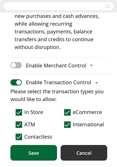Screenshot of setting transaction alerts in mobile