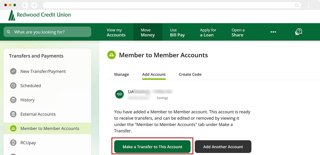 Screenshot of RCU's digital banking dashboard showing the confirmation