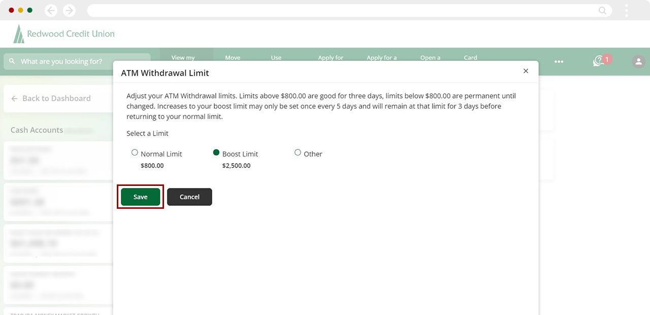 Updating ATM limits on desktop, step 7