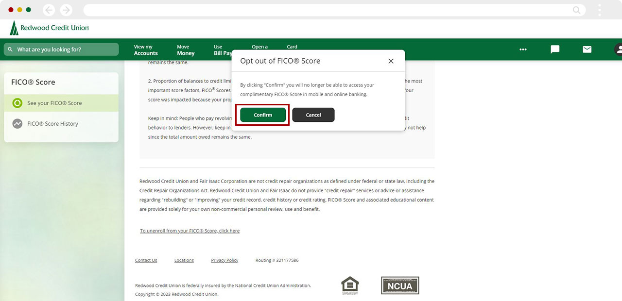 unenroll from viewing my FICO® Score desktop step 3