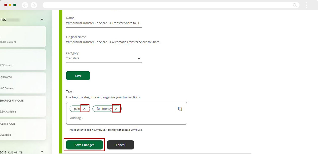 Deleting a tag on a transaction in digital banking desktop step 1