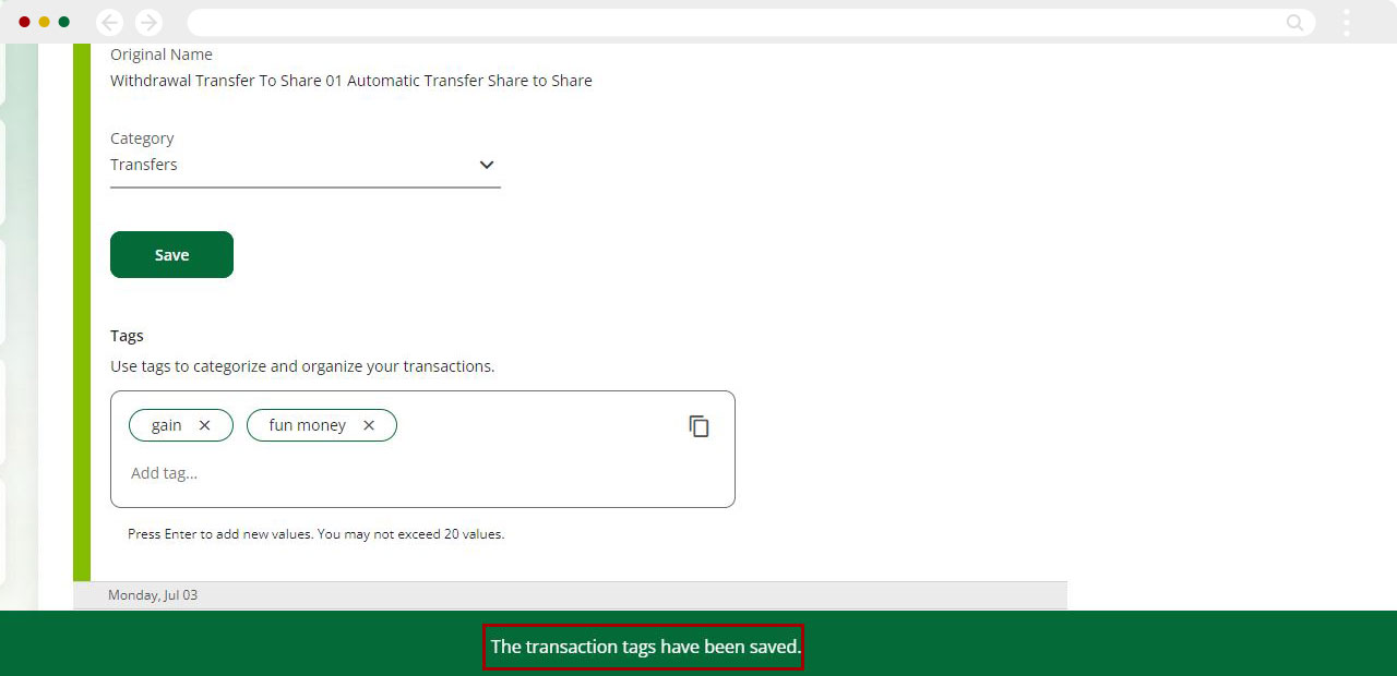 Deleting a tag on a transaction in digital banking desktop step 2