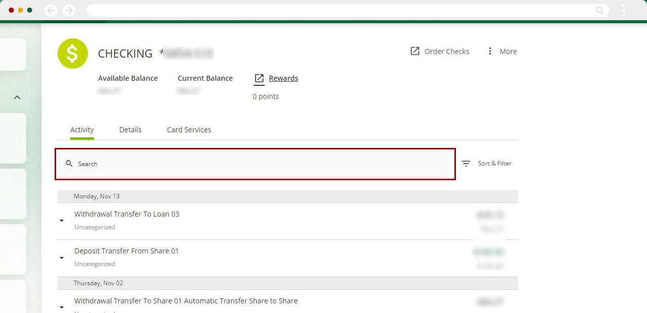 Searching for a tagged transaction in digital banking desktop step 2