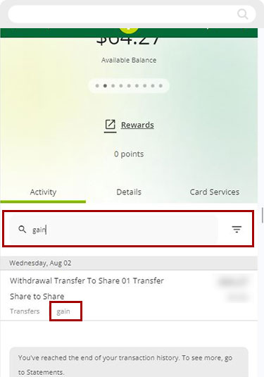 Searching for a tagged transaction in digital banking mobile step 3