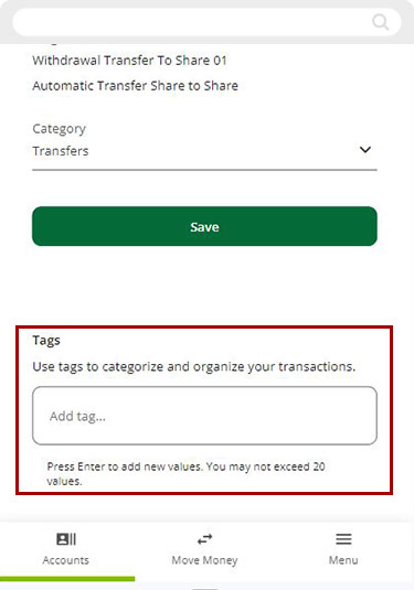 Adding a tag to transactions in digital banking step 3