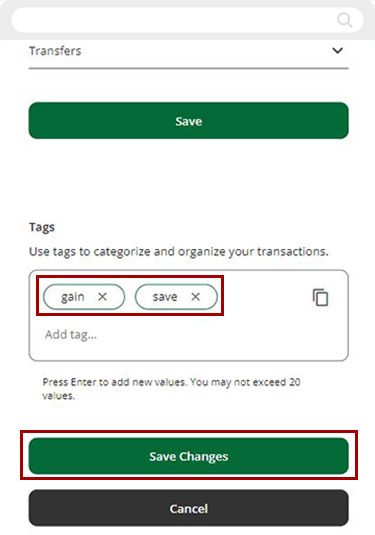 Adding a tag to transactions in digital banking mobile step 5