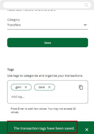 Adding a tag to transactions in digital banking step 6