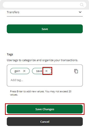 Deleting a tag in digital banking mobile step 1
