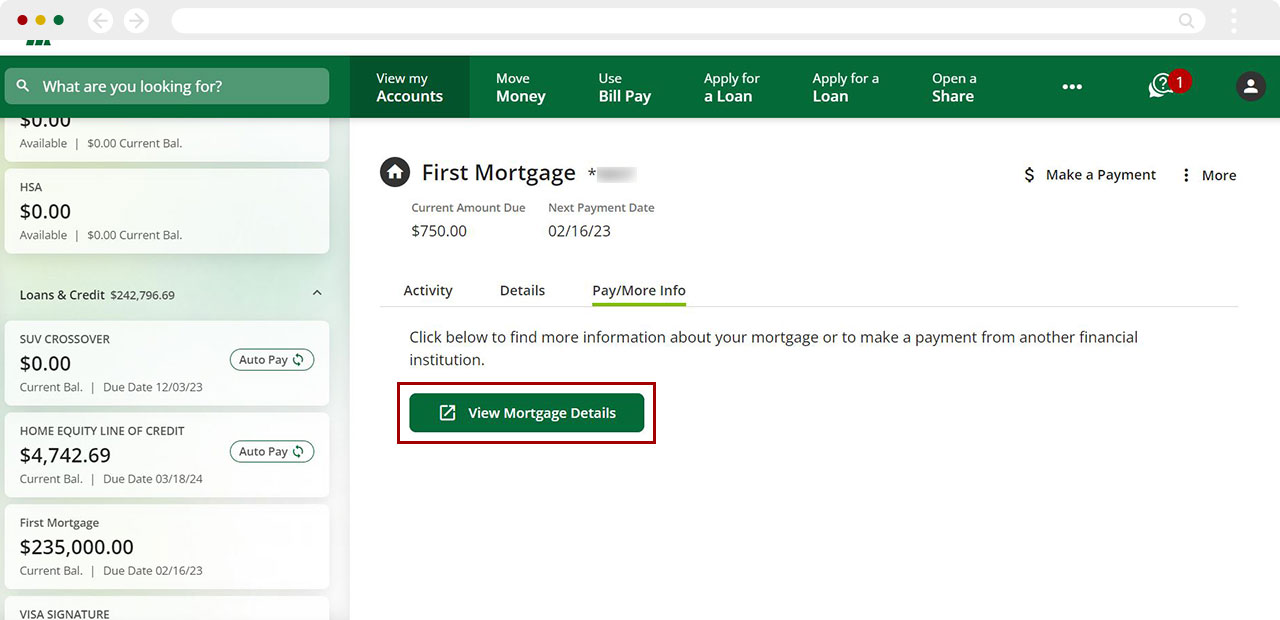 Screenshot of navigating to View More Details button in Mortgage portal on desktop