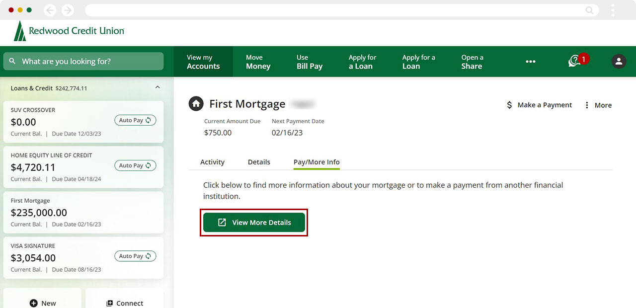 Screenshot of navigating to View More Details button in Mortgage portal on desktop