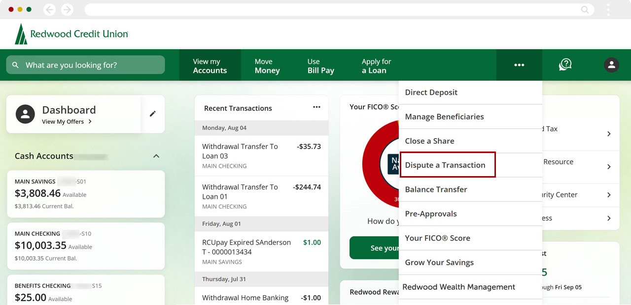 Disputing a card transaction on desktop, step 2