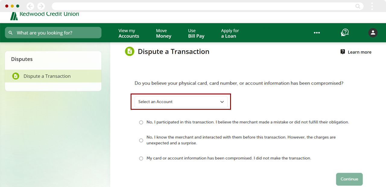 Disputing a card transaction on desktop, step 3