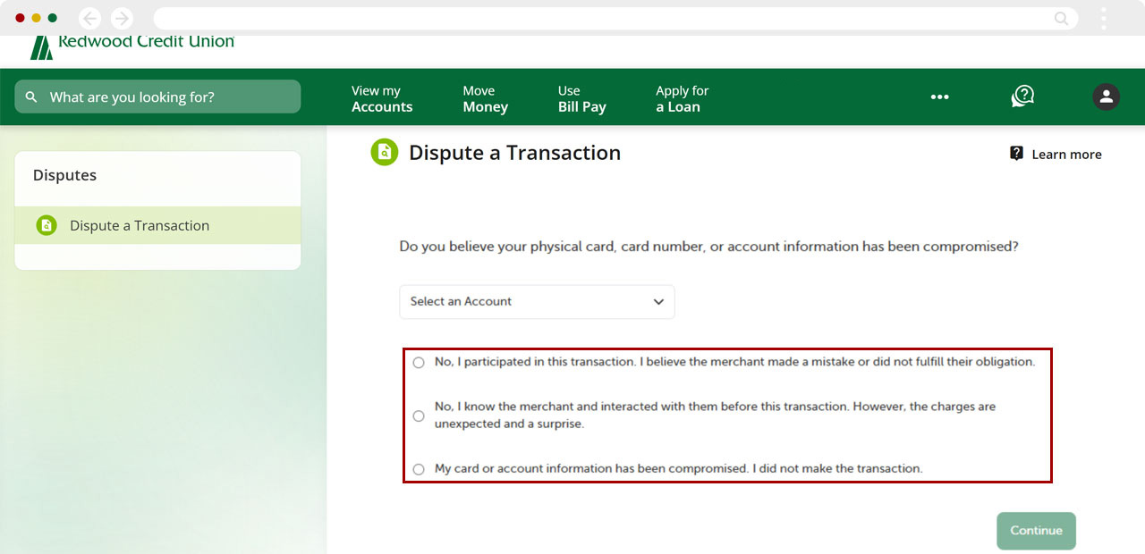 Disputing a card transaction on desktop, step 4
