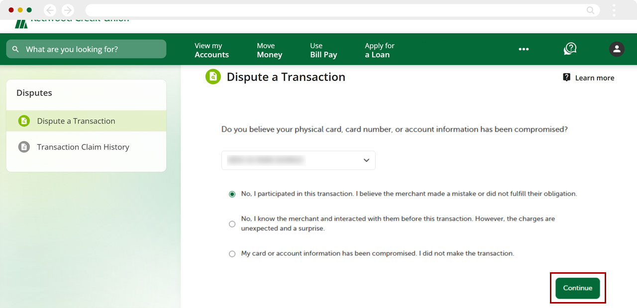 Disputing a card transaction on desktop, step 5