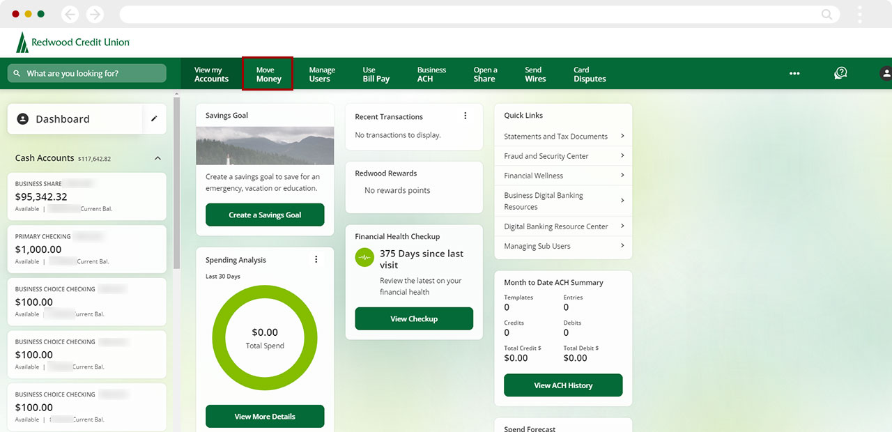 Move Money create business sweep in desktop, step 1
