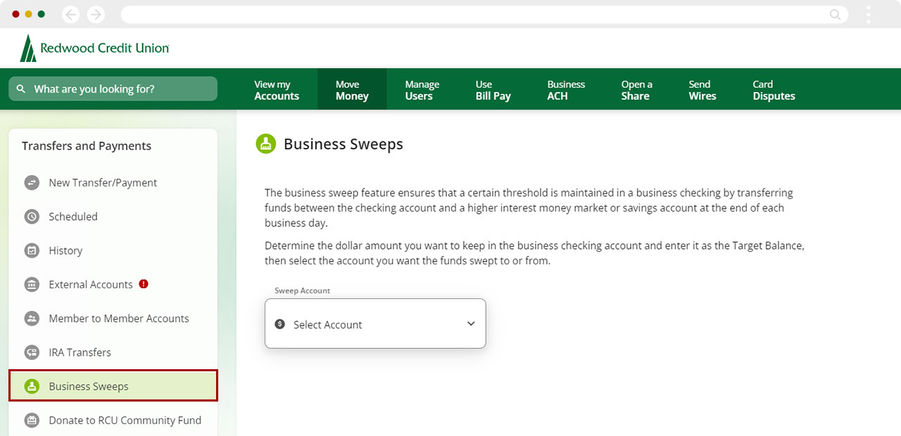 Move Money create business sweep in desktop step 4