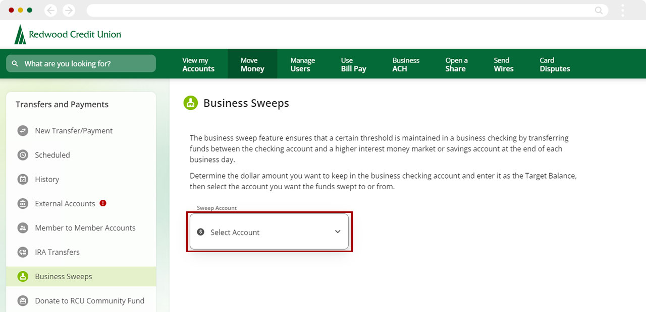 Move Money create business sweep in desktop step 5