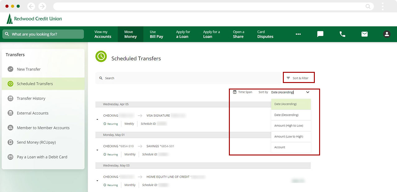 View, change, or cancel a scheduled transfer/payment desktop step 2