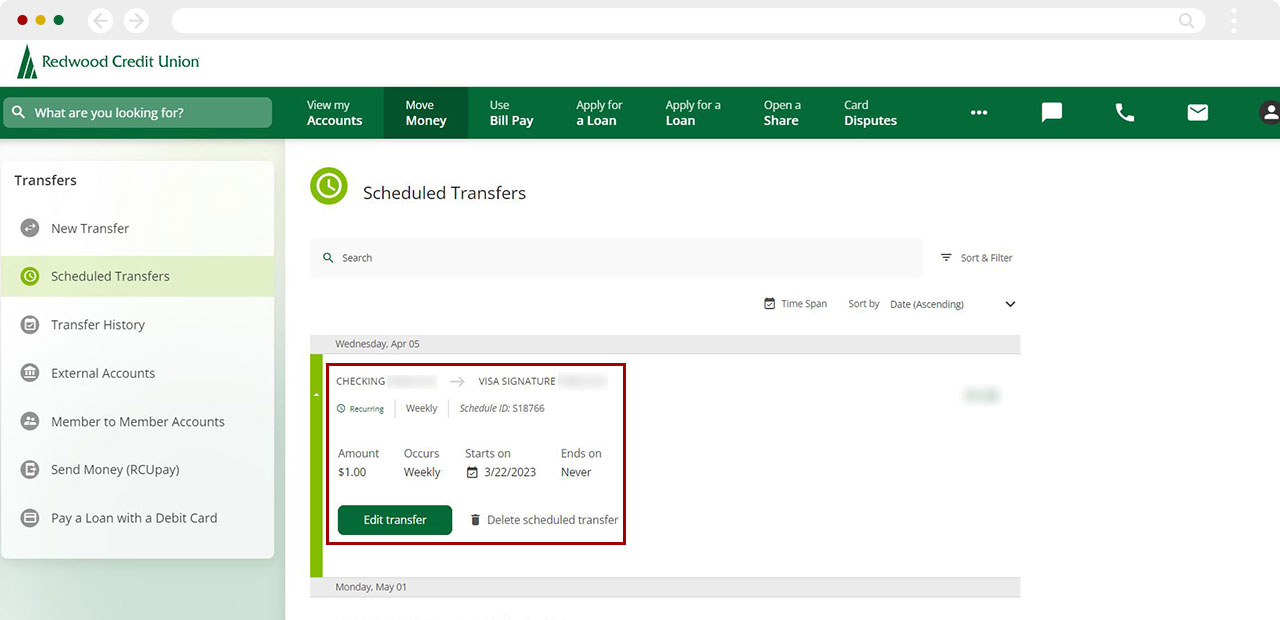 View, change, or cancel a scheduled transfer/payment desktop step 3