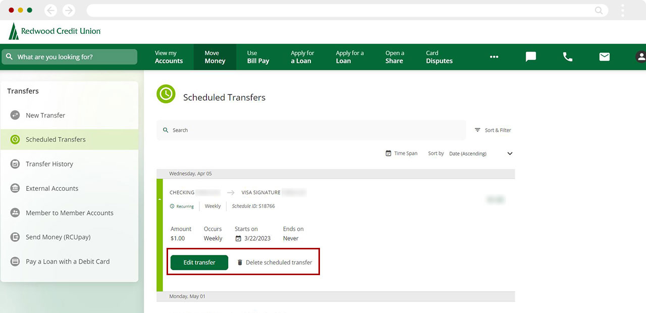 View, change, or cancel a scheduled transfer/payment desktop step 4