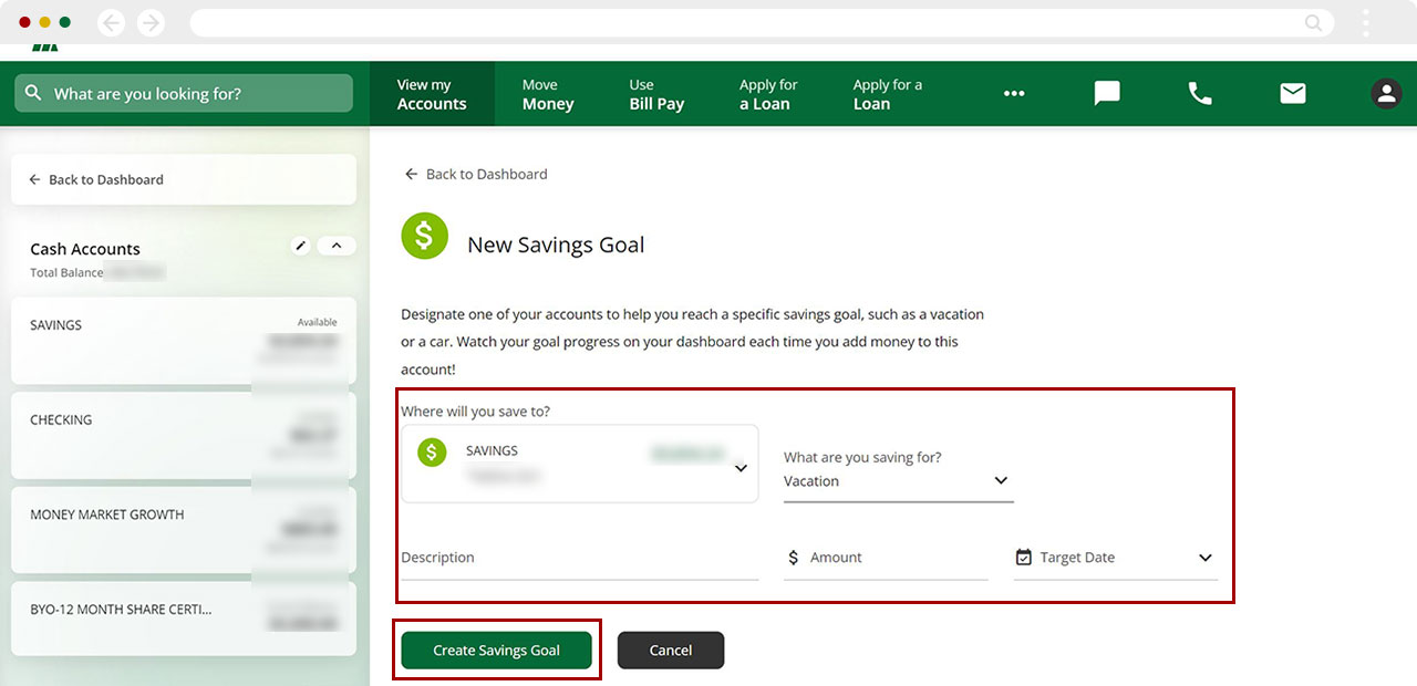 add savings goals to my account in digital banking desktop step 2