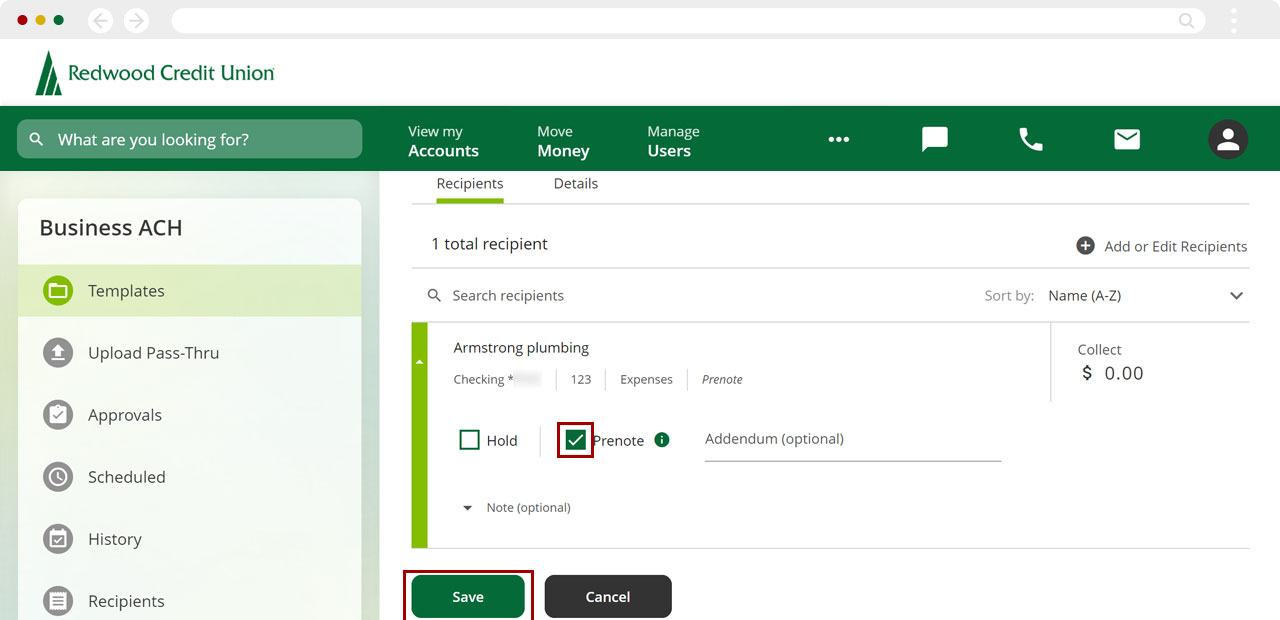 Adding recipients to templates and sending prenotes in desktop, step 4